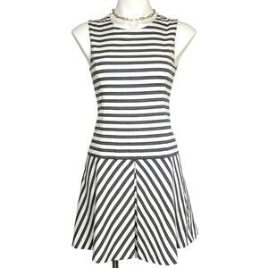 THEORY‎ Striped Fit and Flare Drop Waist Mini Dress Ivory Gray Navy Blue Size 2